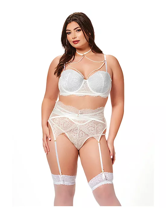 Lace & Pearl Bra, Garter Belt & Thong White 1X/2X