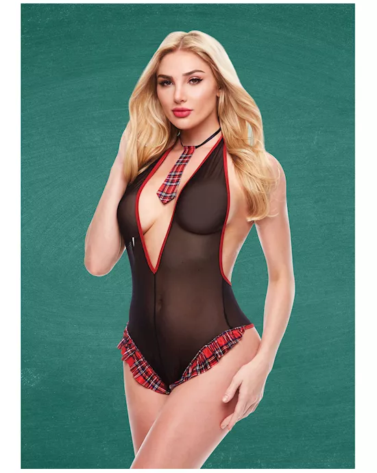 Teacher's Pet Schoolgirl See Thru Crotchless Teddy W/tie Black/red M/l