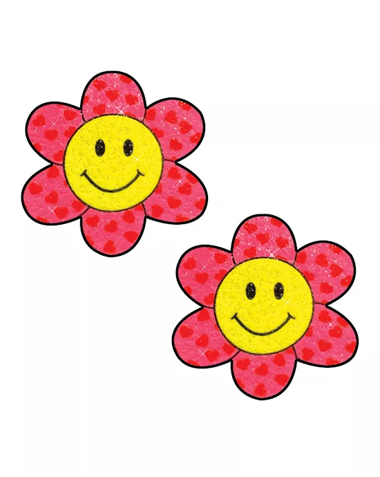 Neva Nude Smiley Flower Power Glitter Pasties - Pink/Yellow O/S