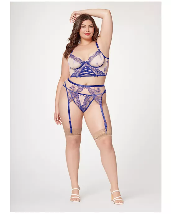 Sheer Stretch Mesh w/Floral Contrast Embroidery Bustier, Garter Belt & Thong Blue/Nude 3X/4X
