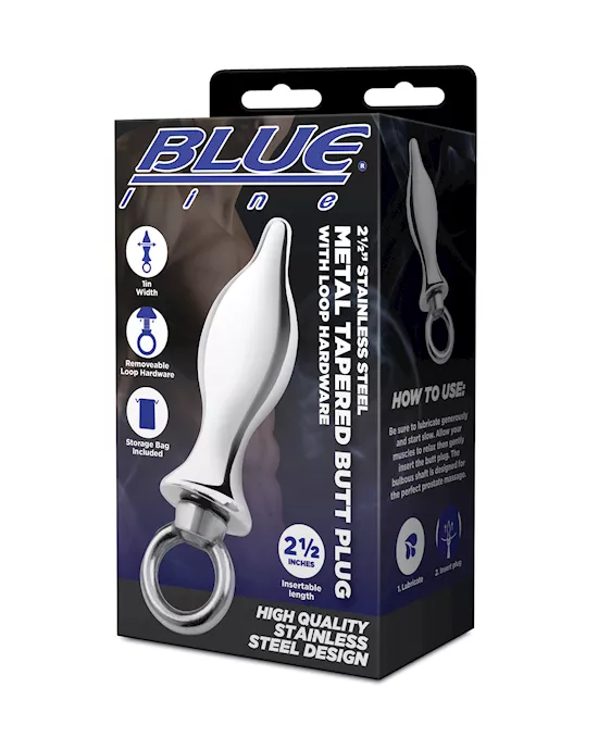 Blue Line 2.5" Stainless Steel Metal Tapered Butt Plug With Loop Hardware
