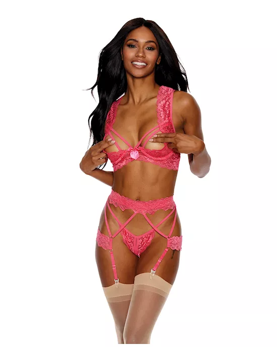 Lace Underwire Peek a Boo Bra, Garterbelt & G-String Coral LG
