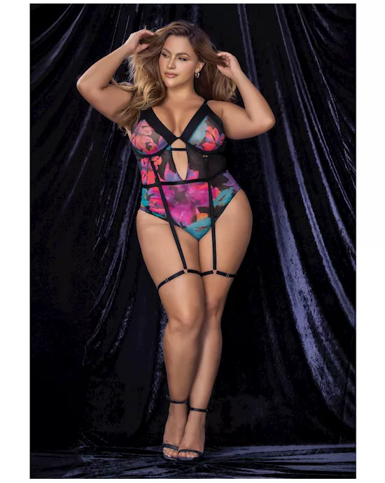 Flower Print Mesh Underwire Teddy w/Detachable Garter Straps Multi Color 1X/2X