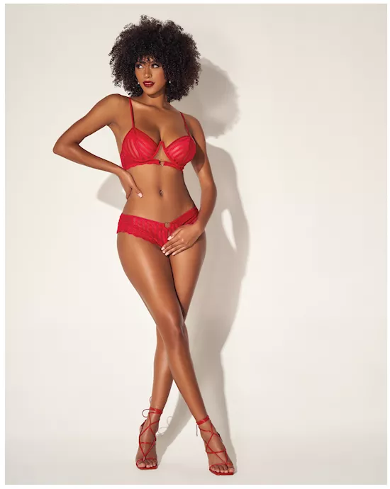 Shadow Stripe Underwire Top w/Heart Detail & Crotchless Bottom Red L/XL