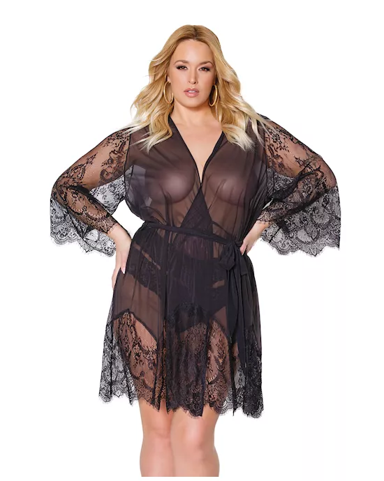Holiday Eyelash Lace Robe w/Bell Sleeves Black OS/XL