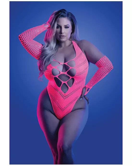 Glow Flashback Black Light Reactive Rhinestone Teddy w/Gloves (or Leg Warmers) - Neon Pink QN