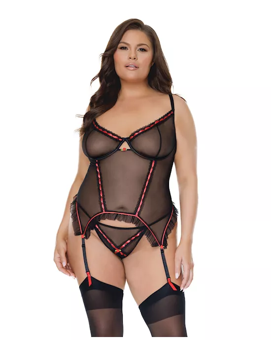 Mesh Underwire Garterbelt Bustier w/G-String Black 1X/2X